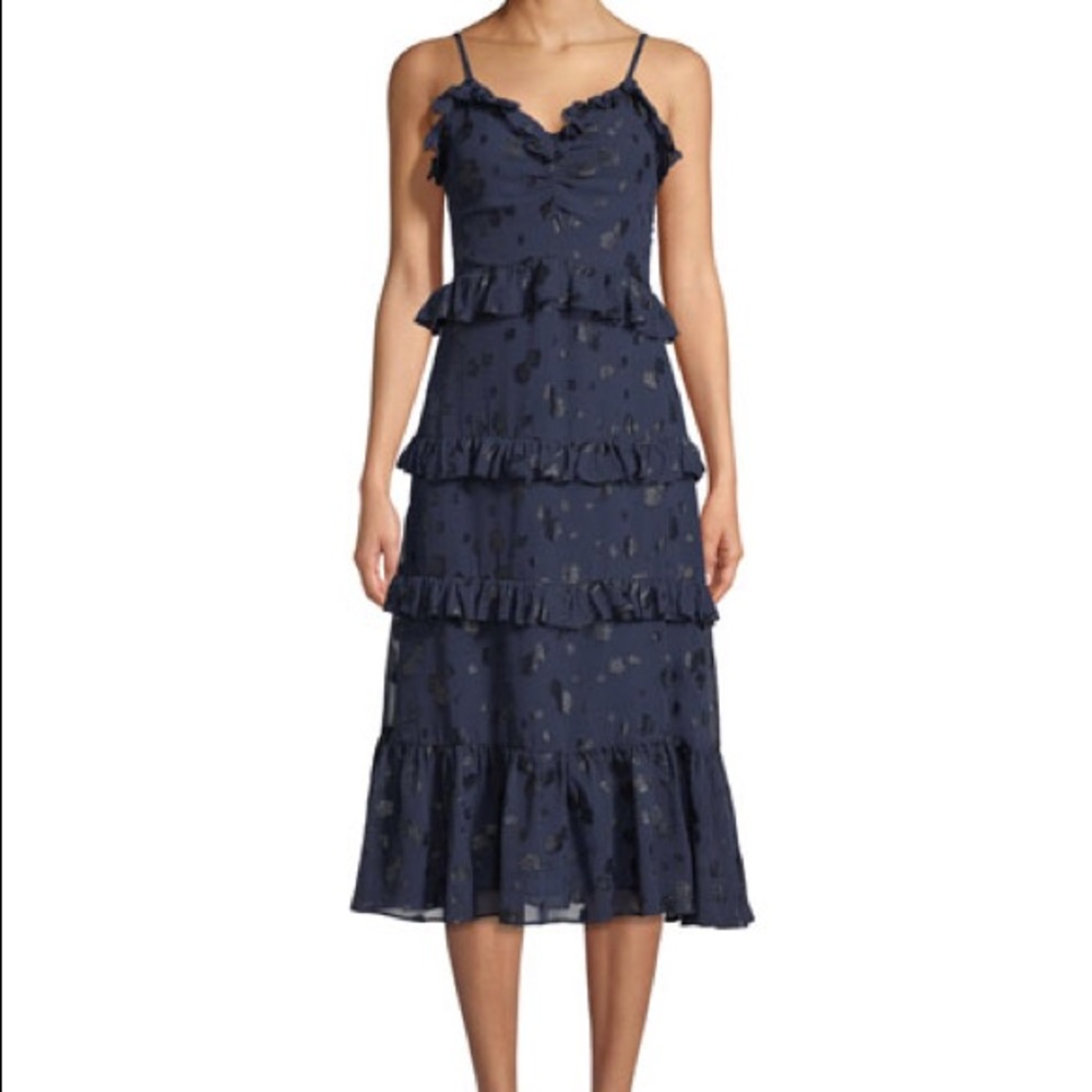 MICHAEL Michael Kors tiered ruffle dot print midi in navy.